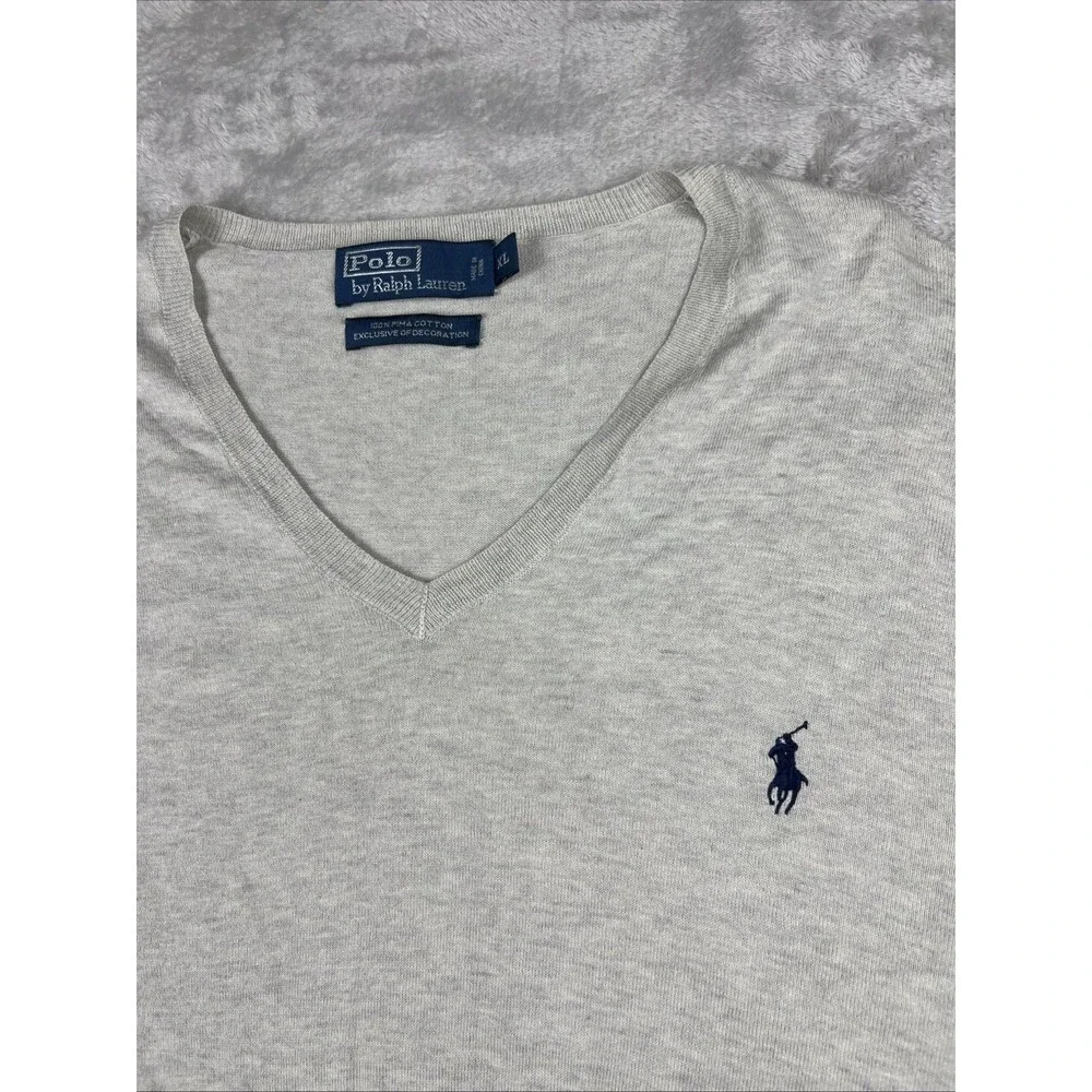 Polo Ralph Lauren Mens XXL Heather Gray 100% Pima Cotton V-Neck Sweater Pony